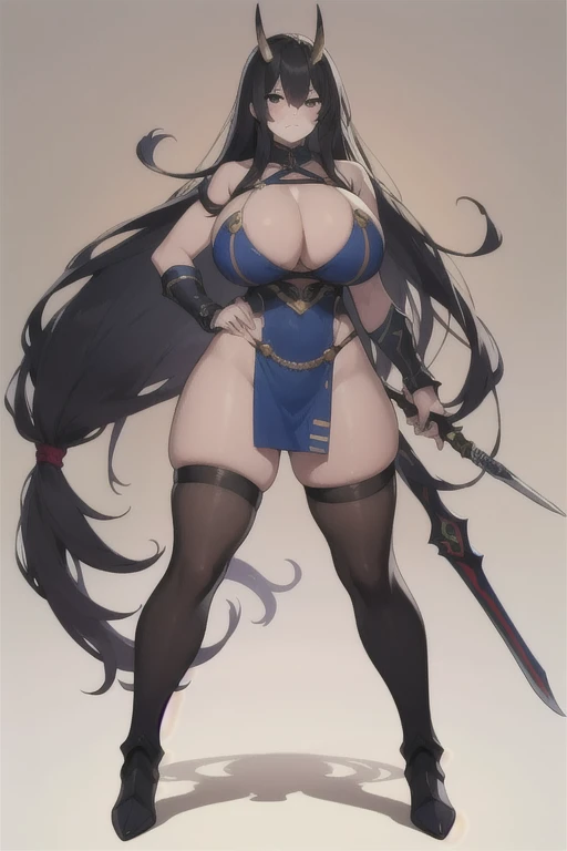 black hair,huge breasts,thick thighs,black eyes,very long hair,tan,armor,high heel boots,thighhighs,weapon,cleavage,black armor,horn,black knight,  