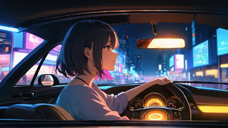 "A woman driving a car through a vibrant, neon-lit city at night, capturing the relaxed and smooth vibe of jazzy chill hip-hop music. The scene is cinematic, with city lights reflecting on the car, adding a warm glow. The streets are lively, yet the atmosp...