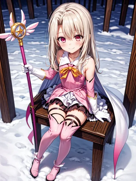 one girl, Illyasviel von Einzbern, Prisma Illya, cute face, thin and tall, smile, long hair, ribbon, magical girl, white and pink sleeveless dress, pink elbow gloves, white gloves, pink thigh boots, white cape, magical stick, full body shot, sitting, snow ...