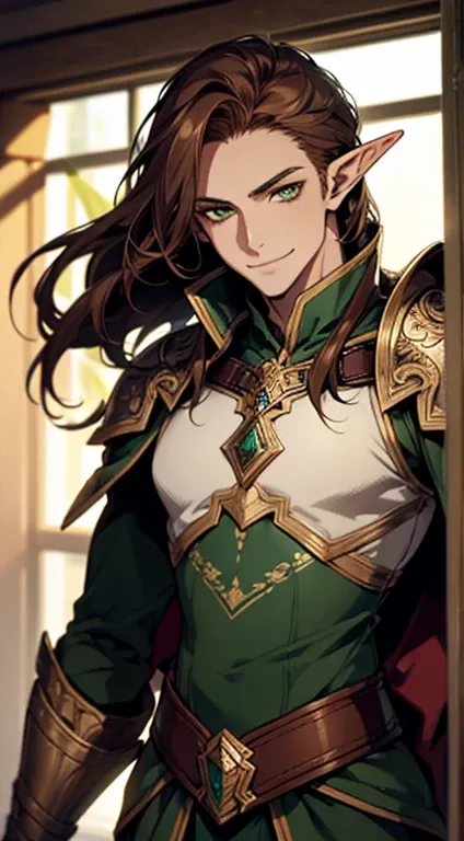 Attractive male elf, 32-year-old mature man, strong attractive and a seductive smile. - Wisdom . warrior, Brave and fearless. In love with a human woman with brown hair and yellow-green eyes.