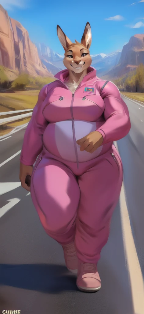   alone,  female​ Tall​ , big body, stand, road, kangaroo female​,  pink military spacesuit ,  Overweight,   Muscle  , Smile Happy  ,by chunie  