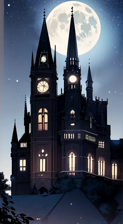 Victorian-era mansion, Night and a.Full Moon and Full Moon starry.