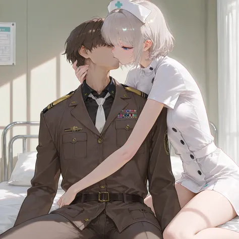 Masterpiece,  best quality,  Amazing Quality ,  Very Aesthetic , absurdres, up to date,  Scenery, High Resolution, absurdres, Masterpiece,  best quality, Hospital, Kissing

1boy, Commander Nikke 、 Black Shirt with Hair hanging over your eyes 、 brown hair、 ...