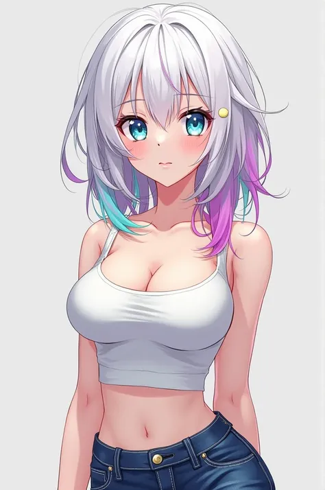 An average girl with blue eyes and bright, slim body and big breasts had white and colored hair in anime 