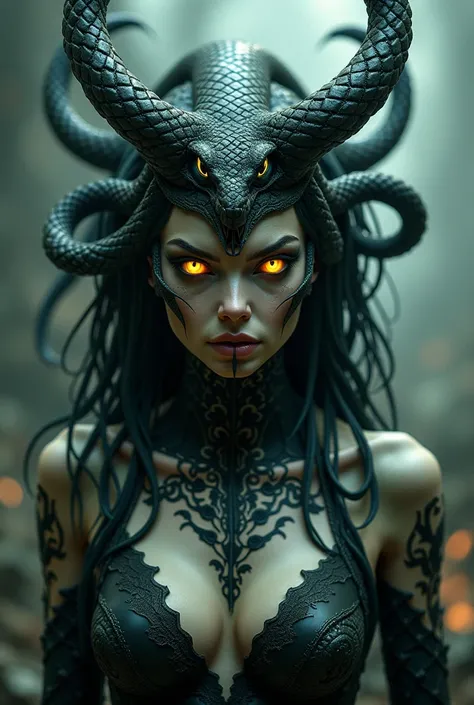 Evil demoness with a head of snake, snakes in her hair, yellow eyes
