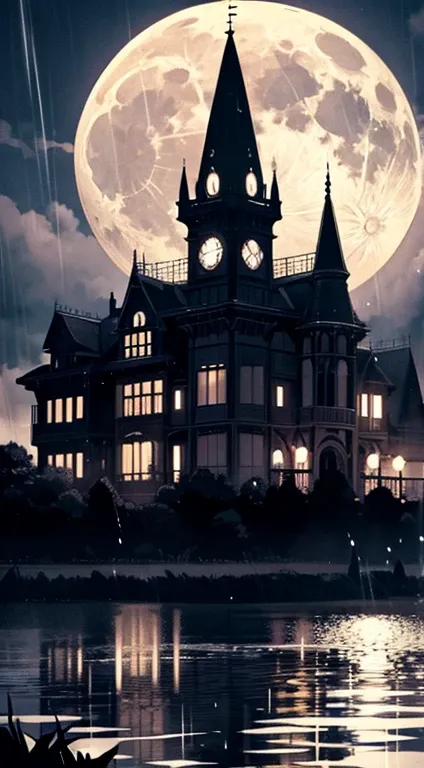 Victorian-era mansion, Night and a.Full Moon and Full Moon and Torrential Rain.