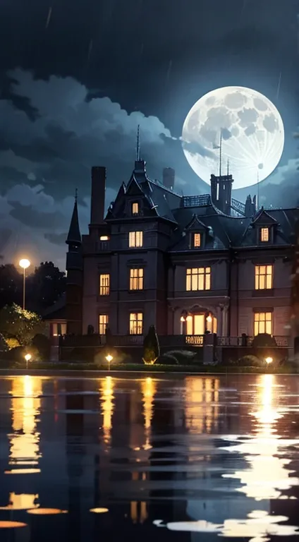 Victorian-era mansion, Night and a.Full Moon and Full Moon and Torrential Rain.