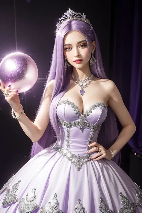 ((melhor qualidade)), ((obra-prima)), (detalhado), Character create a girl at your 15th birthday party,  she has long straight purple hair ,  eyes in the shade of lavender ,  wears a crown made of white gold with diamonds , Various accessories, A ring, cry...