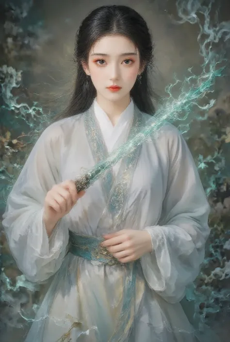    1 beautiful girl ,   （Hanfu：1.2），Chinese Dragon，Female Swordsman，Hand on the hilt，Emerald Sword Sparkle  ， front view,  whole body， ((  Quality Best)), (( masterpiece)), (( actual ))，   Ultra HD，standing split