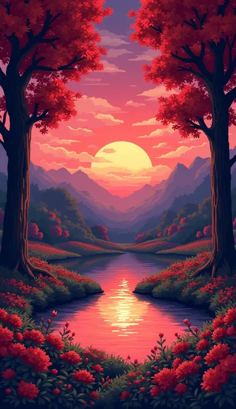 Pixel art of a crimson-hue sunset and seen from the perspective of a valley with a lake in the middle surrounded by a sea of blooming red flowers and big trees of dark wood and red leaves.