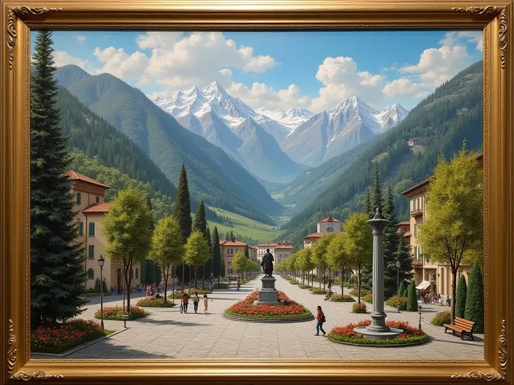 create a masterpiece, best quality, oil painting style by Leonardo da Vinci. Background: midday sky, snow-capped mountains, coniferous forests on mountain slopes, Italian Alpine village. Foreground: ((( 1: square with flower gardens, chestnut trees, fir tr...