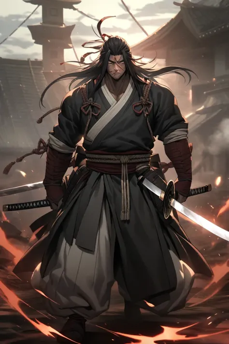 Appearance:
Kenshira is tall, muscular, with a weathered, scarred appearance. His face is hardened, with deep-set eyes that carry the weight of his battles. His attire is a mix of traditional samurai garb and worn armor, combining the elegance of a swordsm...