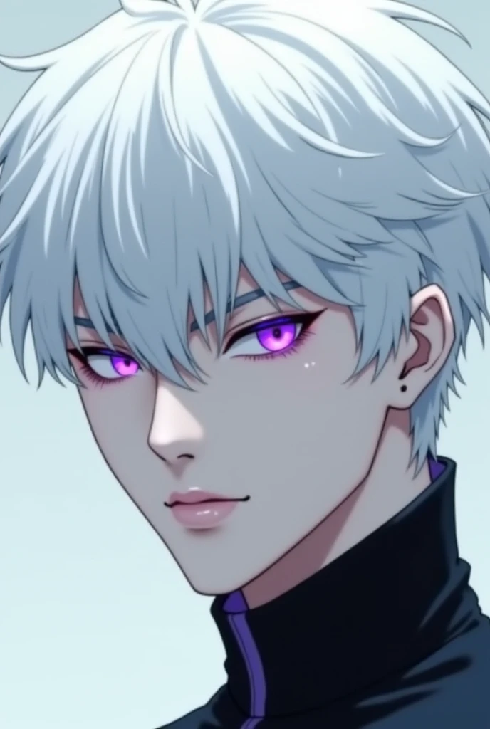 Manhwa style. A striking male android, his pale face framed by stark white hair and accented by high cheekbones. Intense purple eyes gaze out from beneath his brow, and thin lips form delicate a serious expression