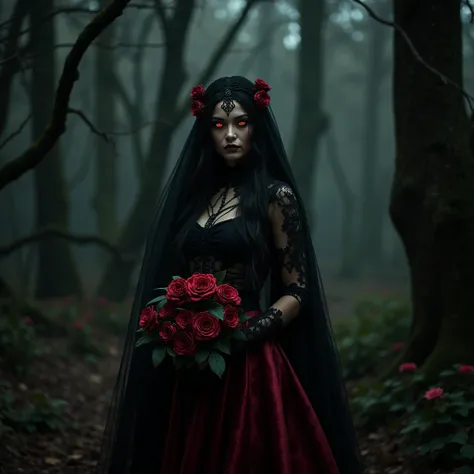 A high-fashion horror photoshoot featuring Baroque Lace Veil, Blood-Red Roses with Metallic Petals, and a Ripped Couture Gown, obsidian black and crimson velvet tones, centered around a hauntingly elegant woman standing in a dark forest, with glowing eyes