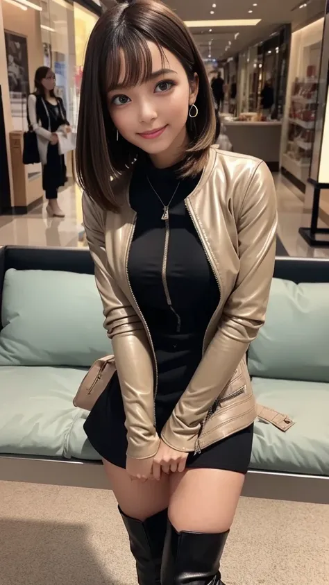 (LAYER MINI-DRESS 、pull zip)、 LEATHER JACKET、 in the seat、Medium breast、 skinny body、 BEAUTIFUL LEGS、 stiletto boots、Earrings、 Straight Bob Hair 、 blonde、In the city、 in shopping mall、Street lamp light、 shop window lights、 walking behind、 standing、 masterp...