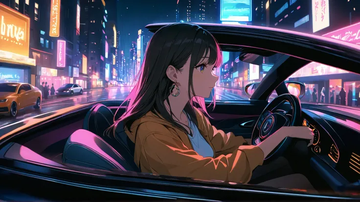 "A woman driving a car through a vibrant, neon-lit city at night, capturing the relaxed and smooth vibe of jazzy chill hip-hop music. The scene is cinematic, with city lights reflecting on the car, adding a warm glow. The streets are lively, yet the atmosp...
