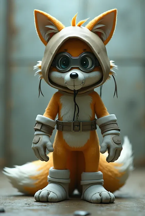 Miles Tails Prower wearing a sensory deptivation hood with a blindfold and a ballgag in his mouth, white thigh-high socks, and mittens with no fingers