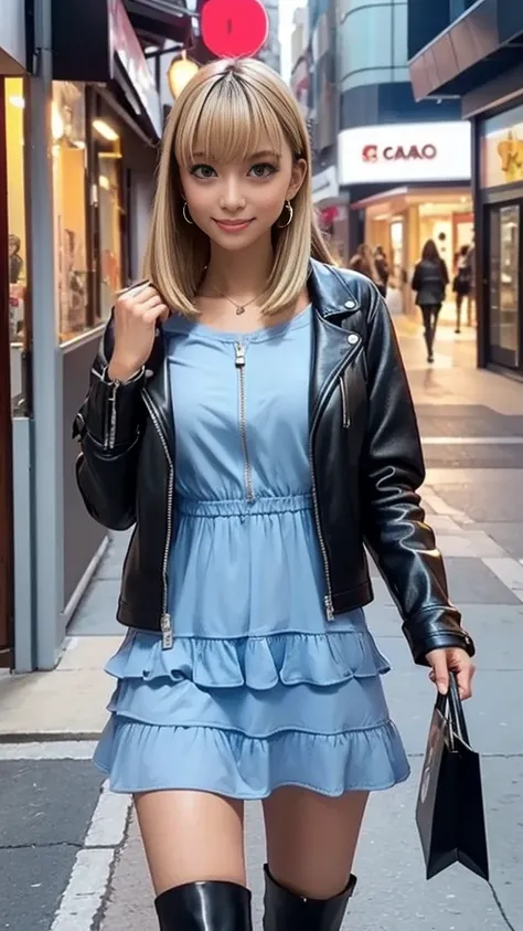 (LAYER MINI-DRESS 、pull zip)、 LEATHER JACKET、 in the seat、Medium breast、 skinny body、 BEAUTIFUL LEGS、 stiletto boots、Earrings、 Straight Bob Hair 、 blonde、In the city、 in shopping mall、Street lamp light、 shop window lights、 walking behind、 standing、 masterp...