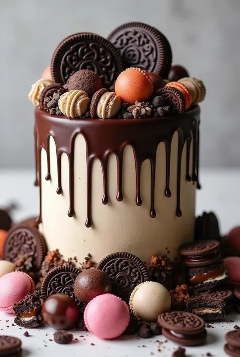 Oreo drip cake with oreo flavoured icing and small nutella jar, twix chocolate, kitkat chocolate, macarons and oreos on top
