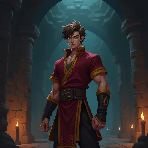 Male warrior. Short brown hair. Dark red tunic with yellow trim. Fit. Legend of Zelda. Steven Universe. Yugioh. Digital art. In a dark dungeon.