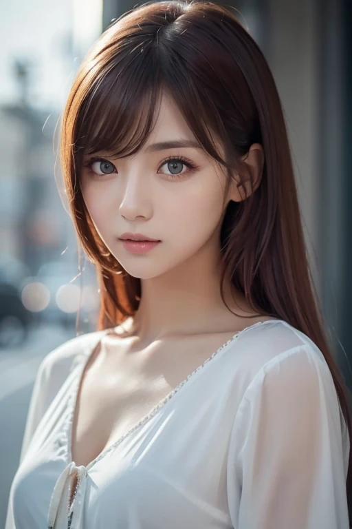 girl with long red hair, heterochromic eye , blue-white skin, flat chest, is wearing a black dress and a crisp pink blouse, A girl of, something that matches a mysterious and strong personality. whole, her look will catch the eye , attract curiosity and an...