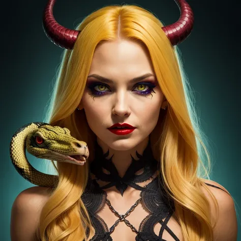 Evil demoness with a head of snake, snakes in her hair, yellow eyes
