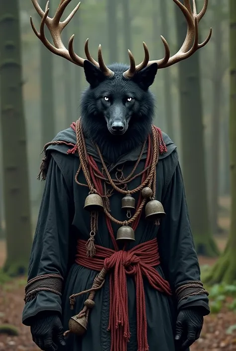 Realístic humanoid being, covered by an old and worn black tunic, with a black wolf's head and white eyes, on its head it has 2 large elk antlers, its body is adorned with red threads and ropes, adorned with old and rusty bells