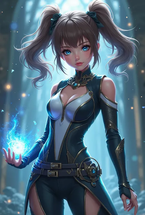 highest quality、4K quality、Girl, cute face, twin tails and brown hair, blue eyes, magic black and white suite, tan skins, magic ring,pround, confidence 