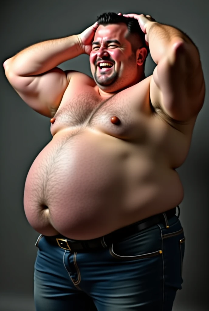 Handsome wealthy upper-class 30-something Italian-American male, chiseled face, skintight golf shirt tucked in skintight jeans, enormously massive and rotund soft fat pregnant like belly, gigantic biceps, massive pecks, muscular thighs, gigantic fat belly,...