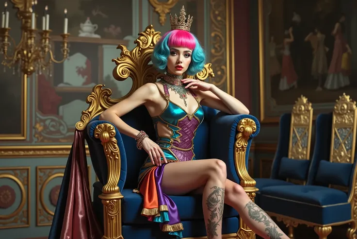 young pretty woman sitting in a chair, on her throne, fashion photography, fashion photograhy, sitting in fancy chair, high fashion photography, ecopunk rococo, high - end fashion photoshoot, multicolor hair, rococo cyberpunk, high fashion photoshoot, high...