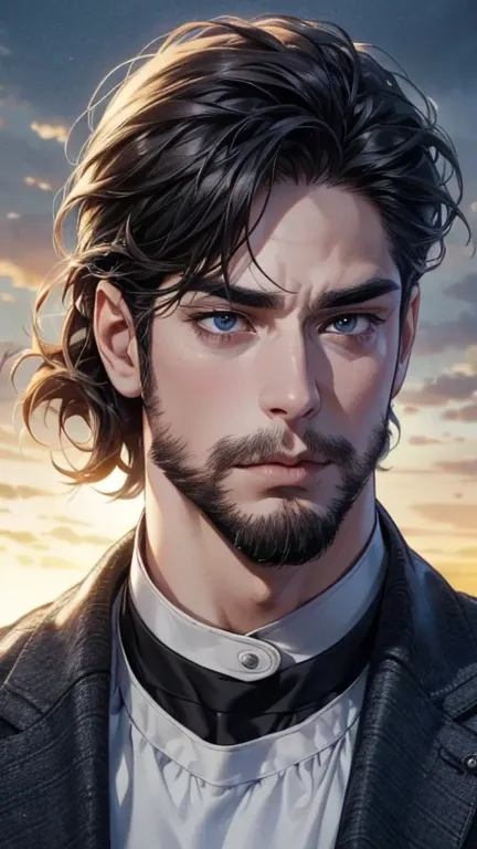 ( best quality,4K,8k, highres, masterpiece:1.2), ultra-detailed ,(realistic,photorealistic,photo-realistic:1.37),36-year-old man,3 day beard,Cute anime ,Portraits,strong,Masculine, dark hair,sharp jaw,  mesmerizing eyes  , perfectly combed hair, cool anime...