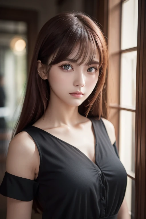 girl with long red hair, heterochromic eye , blue-white skin, flat chest, is wearing a black dress and a crisp pink blouse, A girl of, something that matches a mysterious and strong personality. whole, her look will catch the eye , attract curiosity and an...