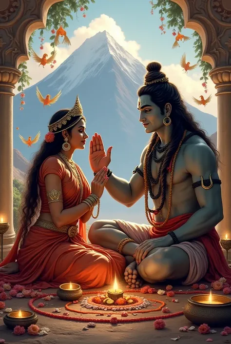 Prompt:
"A grand mythological scene depicting the divine wedding of Lord Shiva and Goddess Parvati. Parvati is elegantly dressed in traditional attire, adorned with exquisite jewelry, as she lovingly places a garland around Lord Shiva’s neck. Shiva, with h...