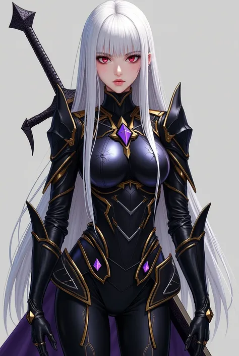 Girl with long and straight white hair, Red eyes of height 1.65, D-cup breasts and a similar butt, a black armor in its entirety with touches of purple diamonds and touches of gold in its pants, more specific in the middle and supported by a black sword wi...