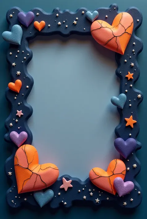 Create a picture frame of a4 paper using sad tones, decorated with Saturn and small stars, as well as hearts with cracks, highlighted in orange, peach, purple, blue.