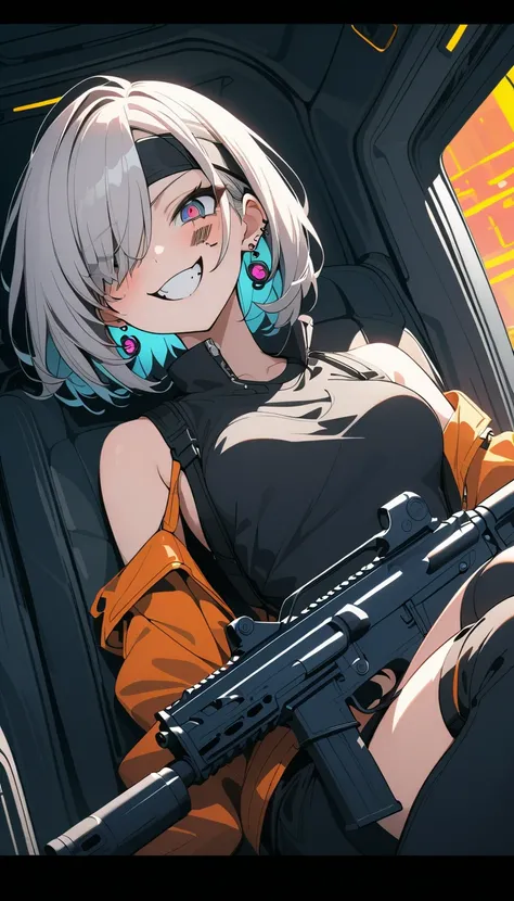 ( beautiful girl : 1.3), in the seat,(protective clothing,headband, EARRINGS,Assault rifle), Silver Hair, bob cut, Hair Over One Eye, barcode tattoo on cheek, Crazy Smile ,Reckless attitude,Evil face,Provocative attitude, with sharp eyes ,Assault rifleを撃つ,...