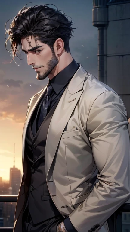 ( best quality,4K,8k, highres, masterpiece:1.2), ultra-detailed ,(realistic,photorealistic,photo-realistic:1.37),36-year-old man,3 day beard,Cute anime ,Portraits,strong,Masculine, dark hair,sharp jaw,  mesmerizing eyes  , perfectly combed hair, cool anime...