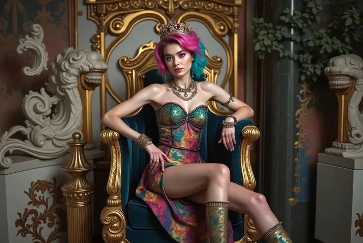 high definition photo of young pretty woman sitting in a chair, on her throne, fashion photography, fashion photograhy, sitting in fancy chair, high fashion photography, ecopunk rococo, high - end fashion photoshoot, multicolor hair, rococo cyberpunk, high...