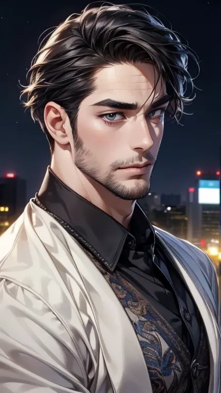 ( best quality,4K,8k, highres, masterpiece:1.2), ultra-detailed ,(realistic,photorealistic,photo-realistic:1.37),36-year-old man,3 day beard,Cute anime ,Portraits,strong,Masculine, dark hair,sharp jaw,  mesmerizing eyes  , perfectly combed hair, cool anime...