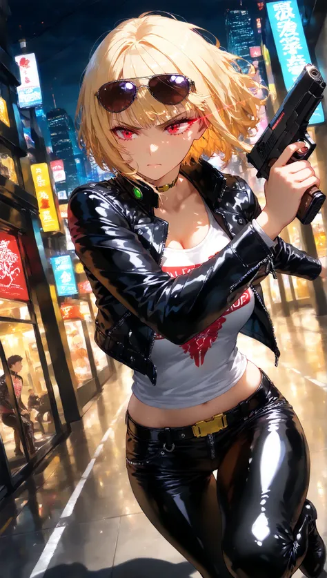 Commemorative photo of a girl,1person,JK,gals,LEATHER JACKET:1.2,leather pants,biker boots,finger less grove,sunglasses,serious,close mouth,Light and Shadow with Attention to Details,Soft focus,Background Blur,anime style,anime paint,(top quality:1.2,4K,8k...