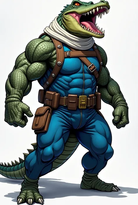 (A rugged beefy extremely muscular bulky snarling crocodile man), (wearing blue fully-zipped fullbody wetsuit), thumbs up pose, wearing bulky harness, wearing bulky scuba gear, wearing white hero scarf, muscular physique, toned muscles, fierce, heroic, act...