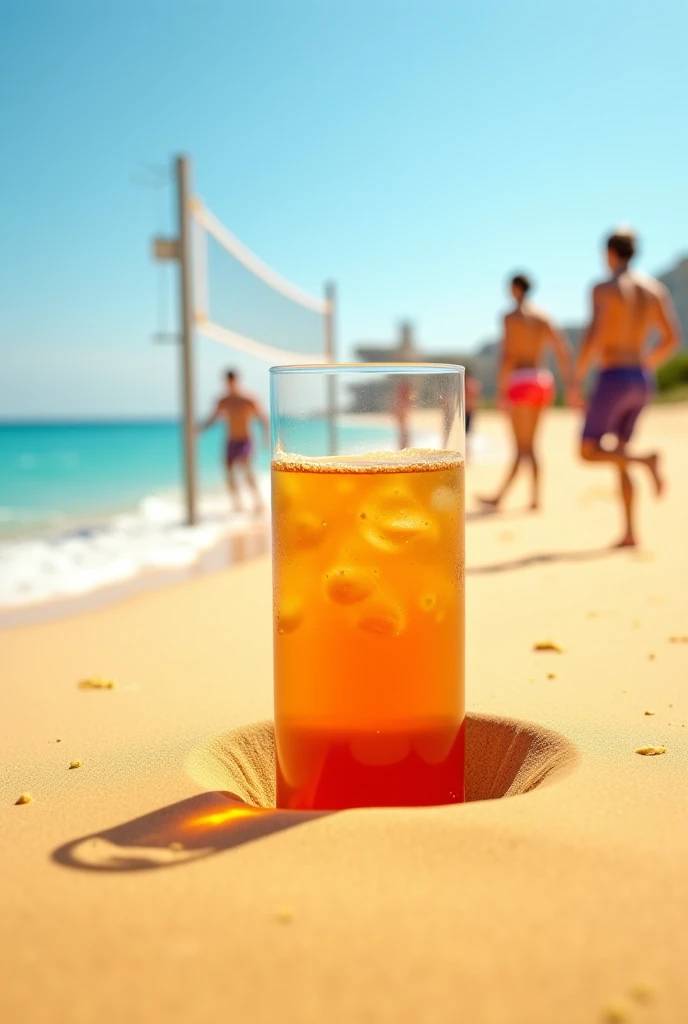 A glass of nestea half buried in the sand ,  and in the background people playing volleyball on the beach, everything that looks realistic 