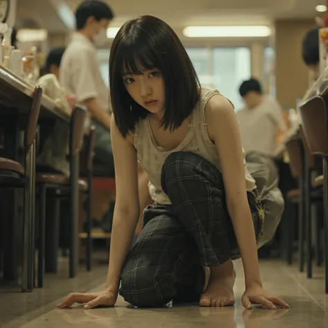  taken from the side,live-action,Front lighting, middle school girl, round face with slight distance between eyes , Long Trimmed Bangs, semi-long bob , worn white tank top,dirty black plaid pants , rough skin,Dirty Skin,Inside a bright restaurant in Tokyo ...