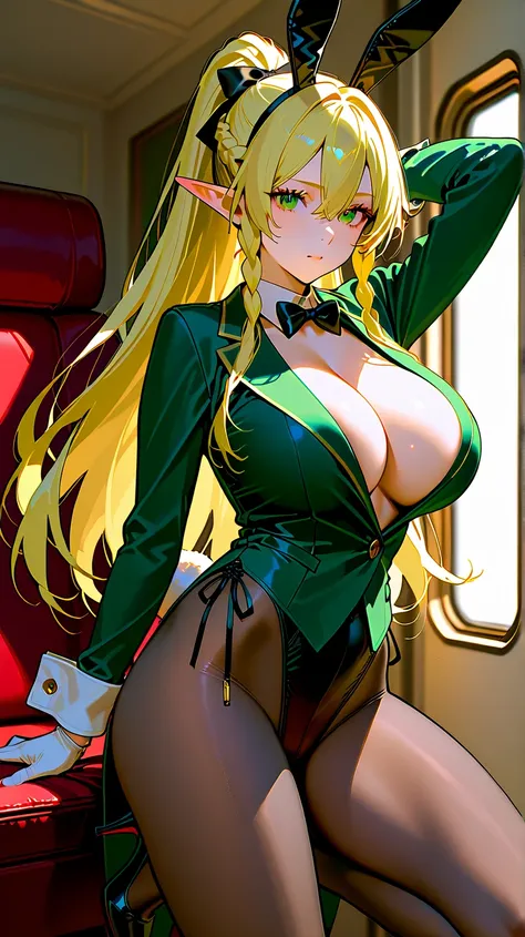  1 adult female、  top quality、  More Details、  high res illustration、Ultra-high-definition CG、８k size wallpaper、  official art、 Beautiful Adult Women、Rifalo 、 in the seat、 blonde、 long hair、 pointed ears、 ponytail、 braids、ツイン braids、Green Eyes、 cleavage、ha...