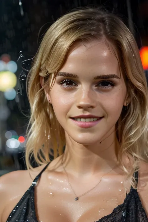 adult Emma Watson, (emwts, smile, longhair), Portrait photo of a 24-year-old blonde in RAW UHD format, (Blue-eyed woman), Walk down an dark alley, natural breasts, raining, wdrenched wet, wet skin and hair, (wet transparent, wearing sexy_attire, wet, rain)...