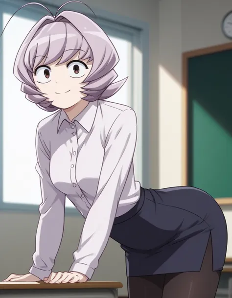 score_9, score_8_up, score_7_up, source_anime,
najimiosana, najimi osana, short hair, brown eyes, purple hair, hair intakes, antenna hair,
white shirt, long sleeve shirt, pencil skirt, black pencil skirt, long pencil skirt , black pantyhose,
indoors, class...