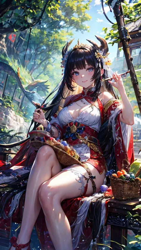 film art, Giant Icicle Tree , A Chinese Dragon Princess Sitting on a Branch,Beautiful cheeks， Wise Eye ,Bangs, White Long Hair , Dragon Horn,Chest,  Wearing a White Sexy V Dress ,Red Stripe Design,Handheld Basket , Basket Is All Year Candy , Best Quality ,...