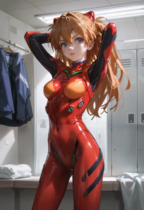 score_9,score_8_up,score_7_up,source_anime,1girl,souryuu asuka langley,neon genesis evangelion,solo,indoors,changing room,arms behind head,cowboy shot, interface headset,red bodysuit,