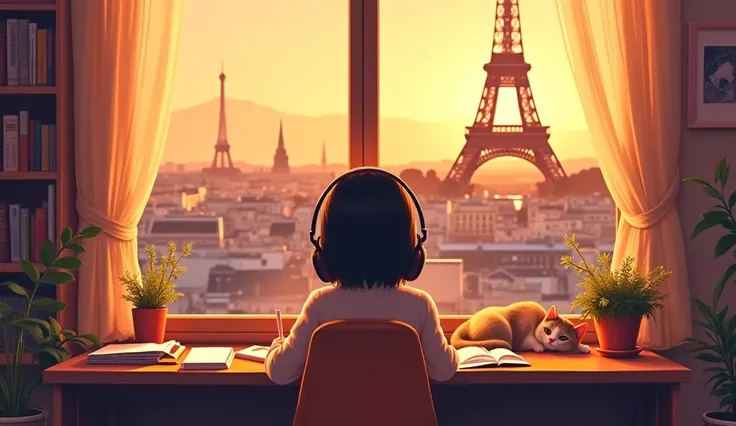 
" a girl wearing headphones is studying in a room with a warm atmosphere.  A European-style cityscape spreads out of the window, and ,  A cat is sleeping on the desk , There are books and plants nearby .  emotional animation-style illustration ."