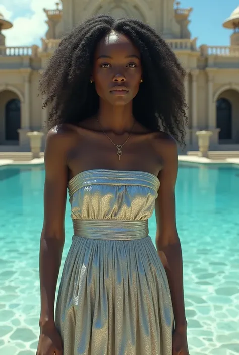 powerful royal teenage girl with dark curly waist length hair and dark skin, exotic appearance, wearing silvery tube gown
with a crystal clear ocean and palace behind her, slightly smiling, resembling goddess Kali